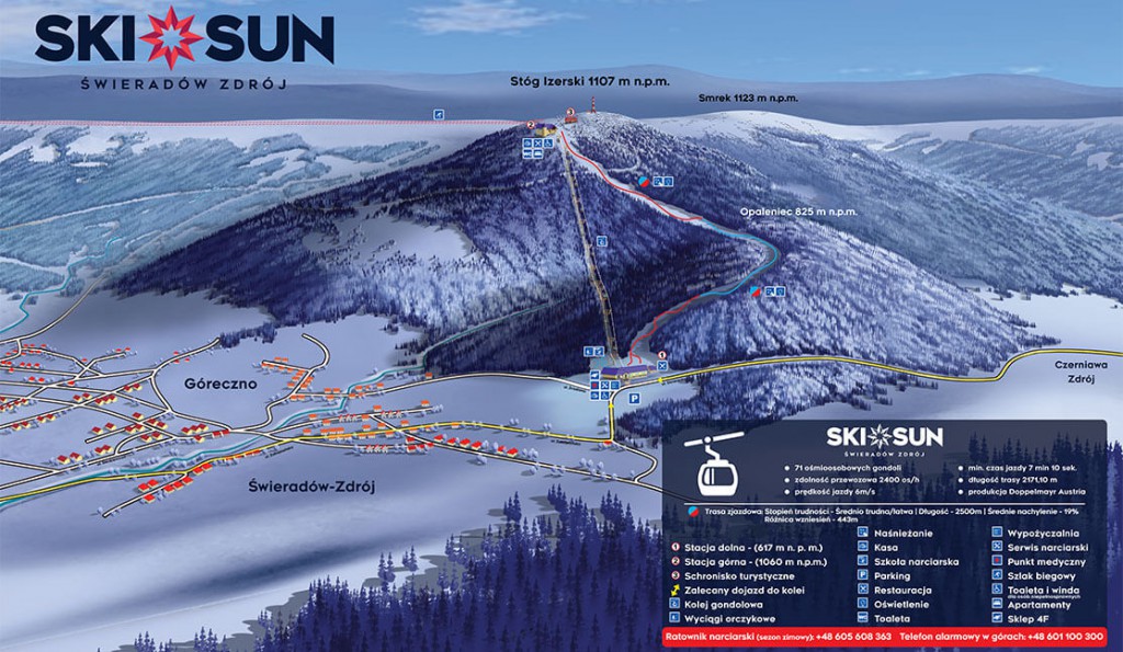 Grafika. Rozkład tras narciarskich i wyciągów w kompleksie Ski&Sun w Świeradowie-Zdroju. Na pierwszym planie Stóg Izerski, w tle szczyty górskie. Ośnieżone szczyty w kolorze niebieskim i granatowym. U dołu Stogu Izerskiego, z prawej strony zabudowania.Trasy narciarskie w kolorze czerwonym. Kolor żółty to zalecany objazd do kolejki. 